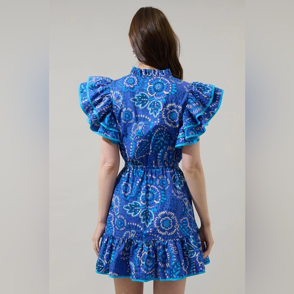 Sugarlips Kenner Floral Alina Ruffle Shift Mini Dress in Blue Multi Women's M - Picture 3 of 9